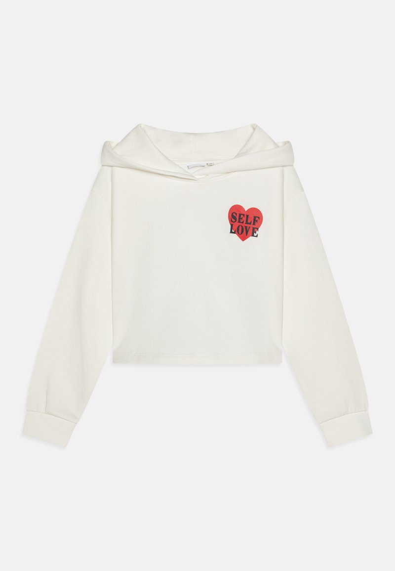 Kuttet hvit hettegenser laget av myk stoff, med et rødt hjertegrafikk og "SELF LOVE" i svart tekst på forsiden.