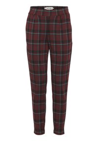 Pantaloni a quadri in bordeaux e nero, con un motivo tartan e dettagli in teal. Realizzati in un tessuto morbido, progettati con una silhouette aderente e tasche laterali.