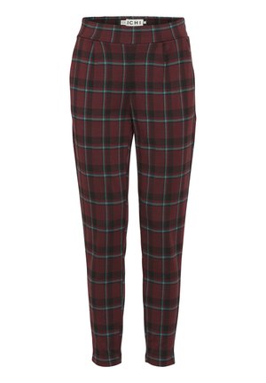 Checked trousers in burgundy and black, featuring a plaid pattern with teal accents. Made of a soft fabric, designed with a fitted silhouette and side pockets.