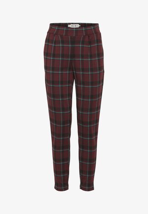 Checked trousers in burgundy and black, featuring a plaid pattern with teal accents. Made of a soft fabric, designed with a fitted silhouette and side pockets.