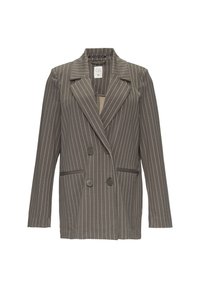 Blazer à double boutonnage rayé gris avec revers crantés, comportant deux poches avant et un tissu texturé. Accentué de boutons foncés.