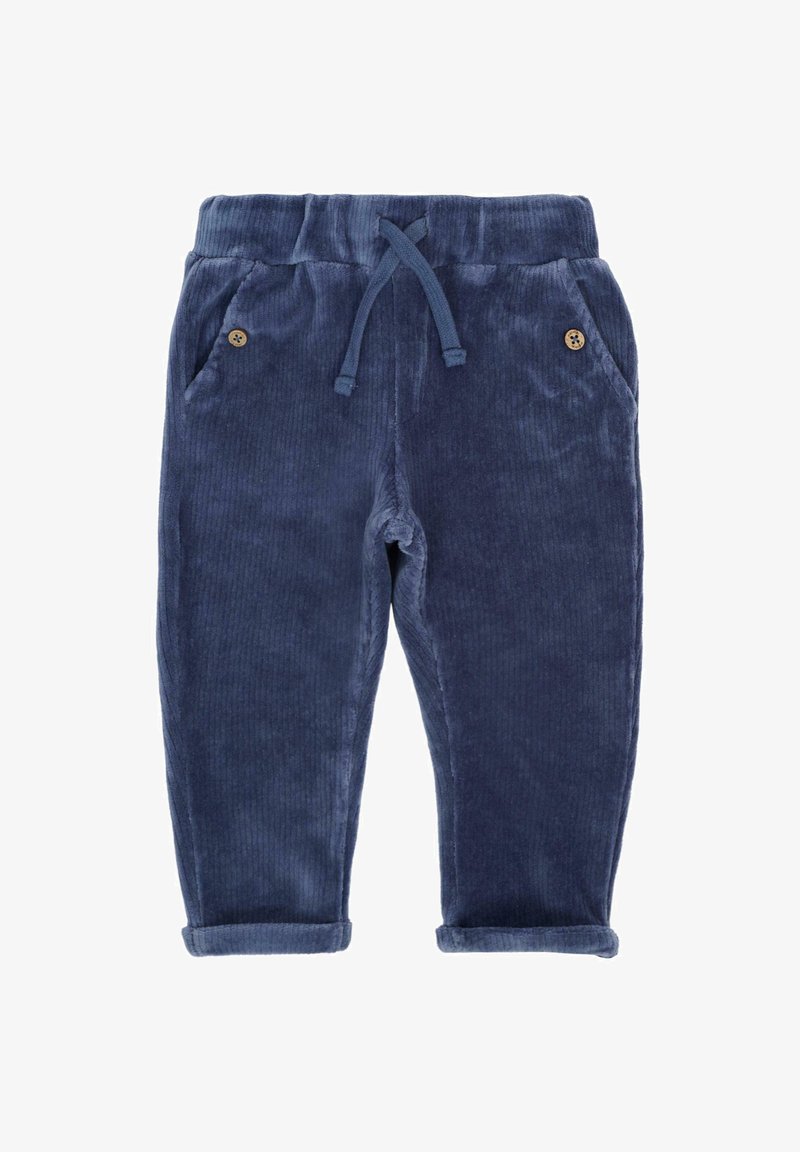 Pantaloni in corduroy navy con vita elasticizzata, lacci regolabili, due tasche frontali con bottoni in legno e orli arrotolati.