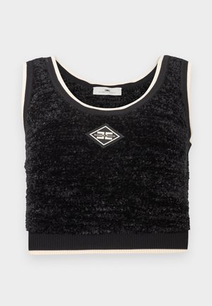 Musta, teksturoitu hihaton lyhyt paita, jossa on kermanvärinen reunus ja keskellä timantinmuotoinen logoplässi, jossa lukee "Elisabetta Franchi".