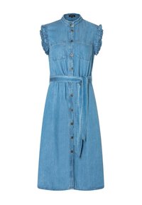 Jeanshemdkleid, hellblau, mit kurzen Rüschensäumen, zwei Brusttaschen, Knopfleiste und passendem Stoffgürtel. Glatte Textur.