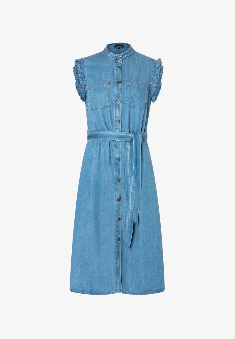 Jeanshemdkleid, hellblau, mit kurzen Rüschensäumen, zwei Brusttaschen, Knopfleiste und passendem Stoffgürtel. Glatte Textur.