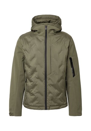 Olijfgroene geïsoleerde jas met een doorgestikte voorkant, centrale ritssluiting en capuchon. Voorzien van ritssluitingen aan de zijkanten en op de mouwen voor opbergruimte.