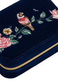 Merengetäydensin samettinen lompakko, jossa on kultainen vetoketju, brodeerattu pinkki ja keltainen lintu istuu vihreällä lehtikuholla, jossa on pinkkejä ja keltaisia kukkia.