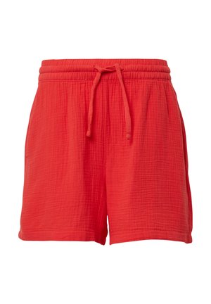 Red shorts made of textured fabric, featuring an elastic waistband with drawstring, and loose-fitting, above-the-knee length design.