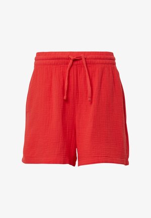 Rote Shorts aus strukturiertem Stoff mit einem elastischen Bund und Kordelzug, lässig geschnitten und in einer Länge, die über das Knie reicht.