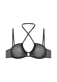 Reggiseno in rete nera con ferretto, fascia incrociata e dettaglio a chiave nella parte anteriore. Le coppe sono realizzate in un sottile materiale a rete.