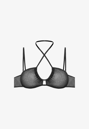 Schwarzer Netz-Büstenhalter mit Unterwire und gekreuzten Trägern sowie einem vorderen Schlüsselloch-Detail. Die Cups bestehen aus einem feinen Netzmaterial.