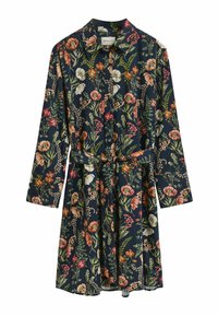 Blumenhemdkleid mit langen Ärmeln, aus leichtem Stoff. Es hat einen dunkelblauen Hintergrund mit bunten Blumen und einem Taillenband.