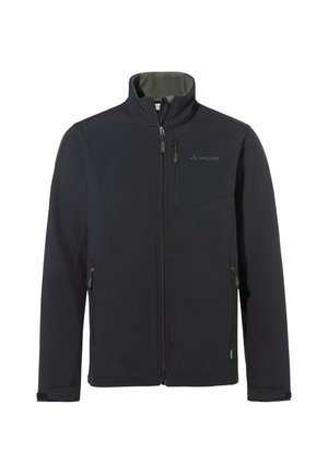 Veste softshell noire avec col montant, fermeture éclair intégrale à l'avant, poches zippées sur la poitrine et les côtés, et logo Vaude sur la poitrine.