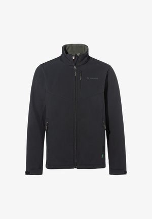 Veste softshell noire avec col montant, fermeture éclair intégrale à l'avant, poches zippées sur la poitrine et les côtés, et logo Vaude sur la poitrine.