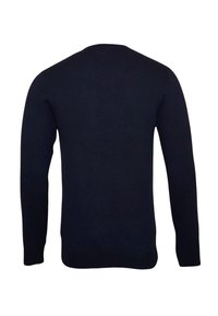 Mörkblå tröja med rundad hals, långa ärmar och ribbad nederkant. Tillverkad av ett slätt, stickat tyg med en enfärgad design utan mönster.