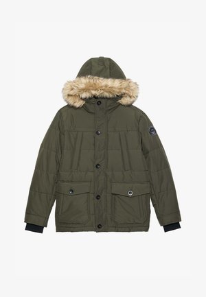 Giacca imbottita verde oliva con cappuccio con bordo in pelliccia, due tasche frontali e bottoni neri; i polsini a costine offrono ulteriore isolamento.