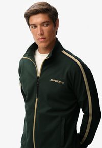 Chaqueta de cremallera de color verde oscuro con un cuello alto, que presenta rayas en color beige y azul marino en las mangas y un logo en el pecho. Textura suave.