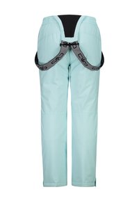 Lichtturquoise broeken met een zwarte tailleband, voorzien van verstelbare grijze bandjes met logo. Het materiaal lijkt soepel en waterafstotend te zijn.