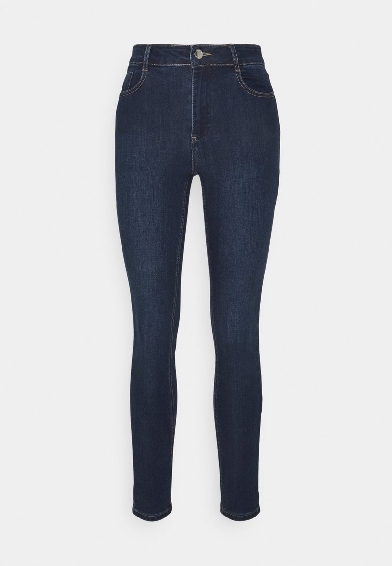 Vaqueros ajustados de color azul oscuro, hechos de denim, con una cintura alta, diseño de cinco bolsillos y sutiles detalles de costura amarilla.
