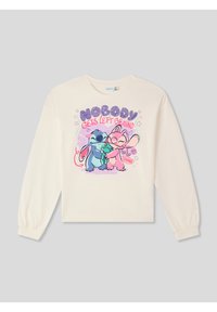 Biały, długi rękaw, bawełniany sweter z graficznym nadrukiem przedstawiającym dwie postacie z kreskówek w objęciach, z napisem "NIKT NIE ZOSTAJE ZA NIMI" oraz gwiazdami i sercami.