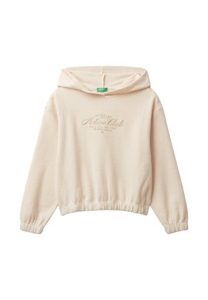 Beige cropped hoodie with elastic cuffs and hem, featuring hood and light brown "Active Club" text on the chest.