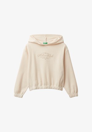 Hoodie beige a maniche corte con polsini e orlo elasticizzati, dotato di cappuccio e testo "Active Club" marrone chiaro sul petto.