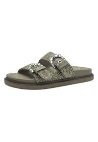 Olivgröna slide-sandaler med vävd textilovandel, två justerbara remmar, dekorerade med klara ädelstensdetaljer och en platt gummisula.