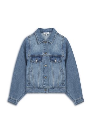 Svetle modrá denimová bunda s límcem, dvěma náprsními kapsami, knoflíkovým zapínáním a zkráceným střihem s viditelnými švy.