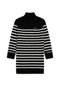 Robe à col roulé rayée noir et blanc avec une texture côtelée. Présente une coupe ajustée et un logo de marque bien visible sur la poitrine.