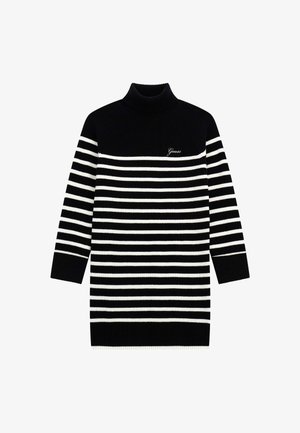 Robe à col roulé rayée noir et blanc avec une texture côtelée. Présente une coupe ajustée et un logo de marque bien visible sur la poitrine.