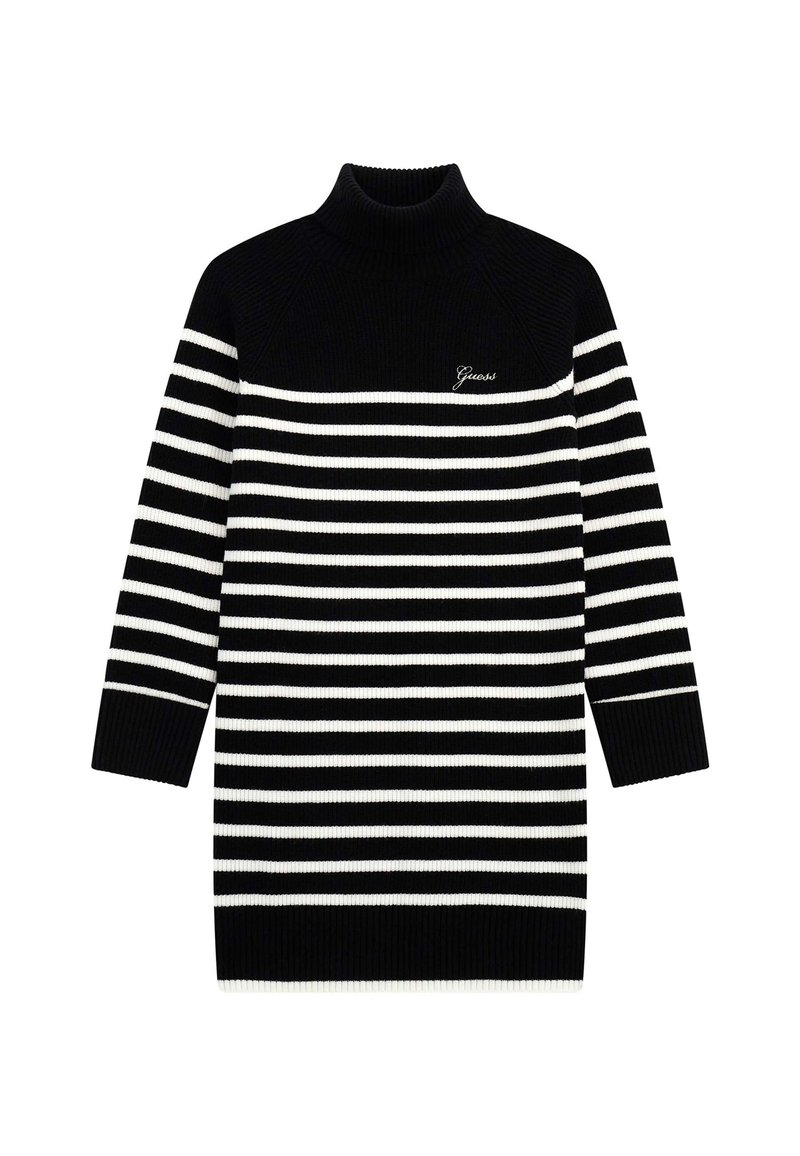 Robe à col roulé rayée noir et blanc avec une texture côtelée. Présente une coupe ajustée et un logo de marque bien visible sur la poitrine.