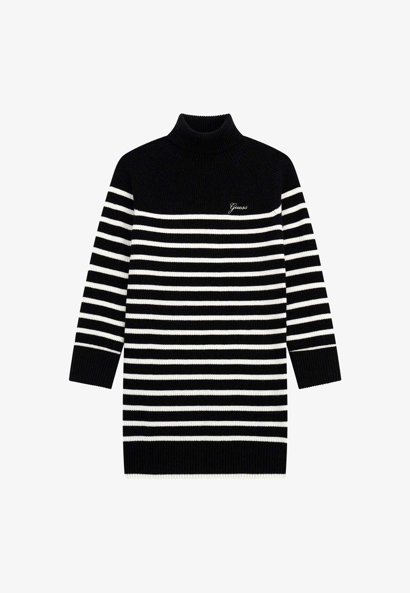 Robe à col roulé rayée noir et blanc avec une texture côtelée. Présente une coupe ajustée et un logo de marque bien visible sur la poitrine.