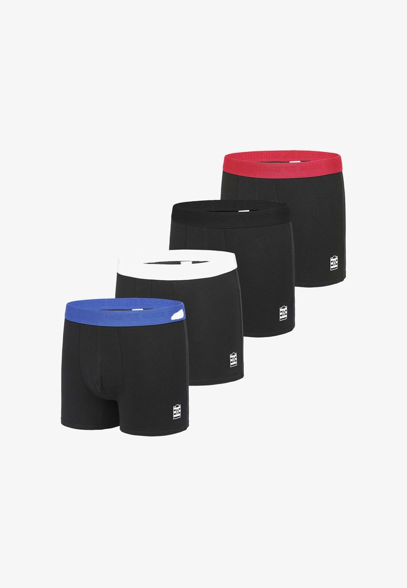 Ensemble de boxers pour hommes en noir avec des ceintures en bleu, blanc, rouge et noir. Tissu doux, design ajusté, logo sur le devant à gauche.