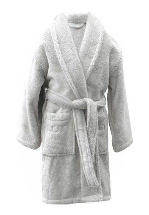 Light gray bathrobe made of fluffy fabric, featuring long sleeves, a belted waist, and two front pockets with embroidery detailing.