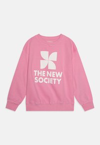 Roze sweatshirt van een katoenmix met een ronde hals, lange mouwen en een witte grafische print met de tekst "DE NIEUWE SAMENLEVING."