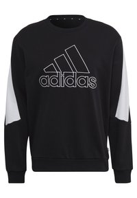 Sweat-shirt noir avec des accents en tissu blanc sur les manches, arborant un logo Adidas blanc proéminent sur la poitrine et un col côtelé.