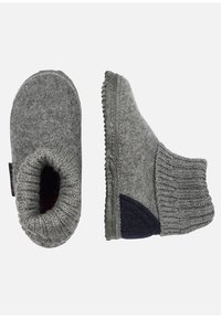 Gray felt slippers with a knitted top, featuring a navy blue accent, and a textured rubber sole for grip. Rounded toe design.