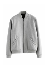 Gray zip-up jacket with a ribbed collar and cuffs, featuring two side pockets and a soft, textured fabric.