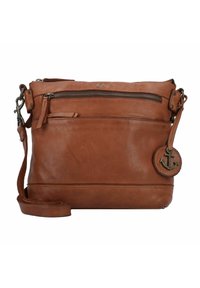 Borsa a tracolla in pelle marrone con tasca frontale con zip, tracolla regolabile e charm a forma di ancora. Texture liscia e design strutturato.
