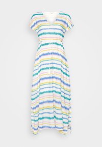 Robe maxi blanche à col en V avec manches courtes, rayures horizontales pastel en bleu, sarcelle, jaune et rose, et taille avec cordon à pompons.