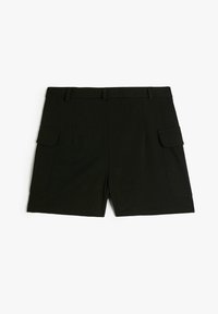 Pantaloni cargo neri realizzati in tessuto, con due tasche laterali, pieghe frontali e una vita standard con passanti per la cintura.