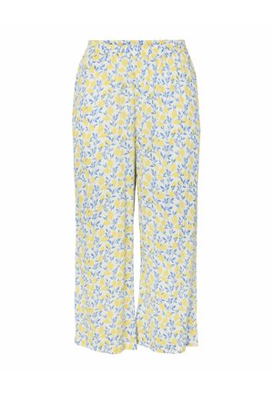 Pantaloni bianchi a taglio ampio con motivo di limoni gialli e foglie blu, vita elastica e gambe larghe.