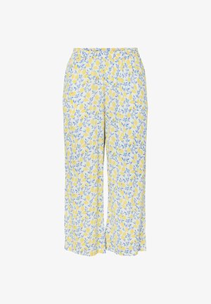 Pantaloni bianchi a taglio ampio con motivo di limoni gialli e foglie blu, vita elastica e gambe larghe.