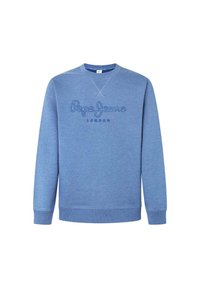 Sudadera azul de mezcla de algodón, con cuello redondo, mangas largas y logo bordado "Pepe Jeans London" en azul más oscuro.