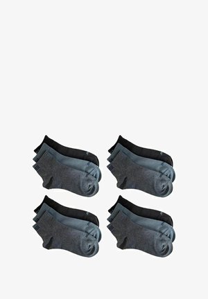 Set aus sechs Socken in Schwarz, Dunkelgrau und Hellgrau. Baumwollmix-Material, Crew-Länge mit gerippten Bündchen, ohne Muster oder Akzente.