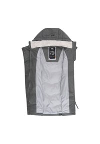 Siva jakna z mehko belo podlogo, kapuco in zadrgami na pritisni gumb. Notranjost prikazuje svetlo sivo tkanino z etiketo na sredini.