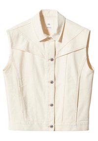 Bezrukávý džínový vest v krémové barvě s límečkem, stříbrným zapínáním na knoflíky a diagonálními švy na ramenech.