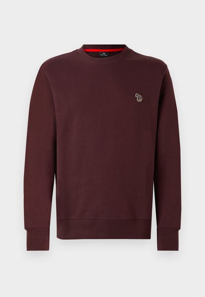 Burgundy sweatshirt made of soft cotton blend, featuring a round neck, ribbed cuffs and hem, with a small embroidered animal logo on the chest.