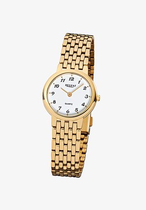 Montre-bracelet en métal doré avec cadran blanc, chiffres arabes noirs, et deux aiguilles dorées indiquant 2h09.