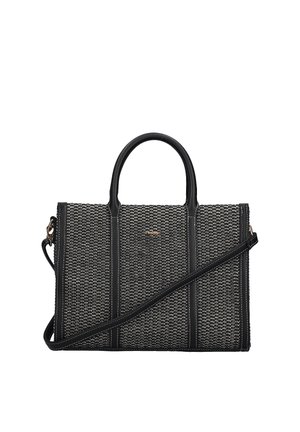 Sac à main tissé en noir et blanc avec deux poignées supérieures et une longue bandoulière réglable, de forme rectangulaire avec un logo doré subtil à l'avant.